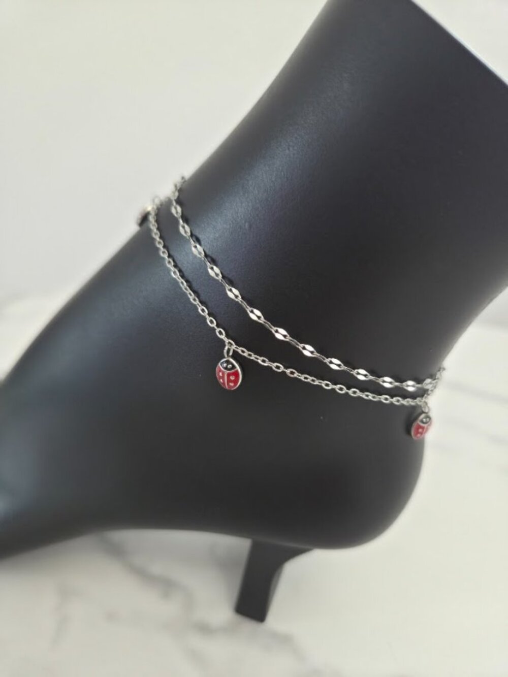 Dainty Ladybug Double Chain Anklet Silver Tone Minimalist Summer Jewelry - Picture 4 of 15